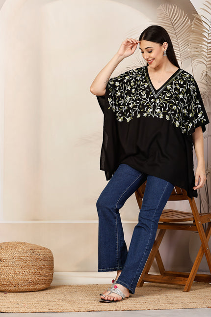 QAZMI Sheen V-Neck Flared Sleeves Kashmiri Aari Work Kaftan Kurti