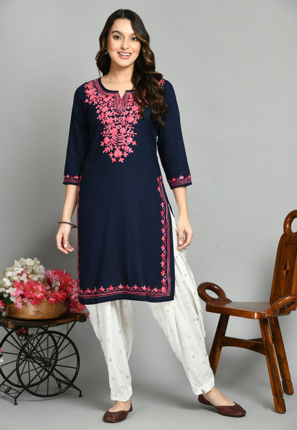 Blue Pink Aari Long Kurti For Women
