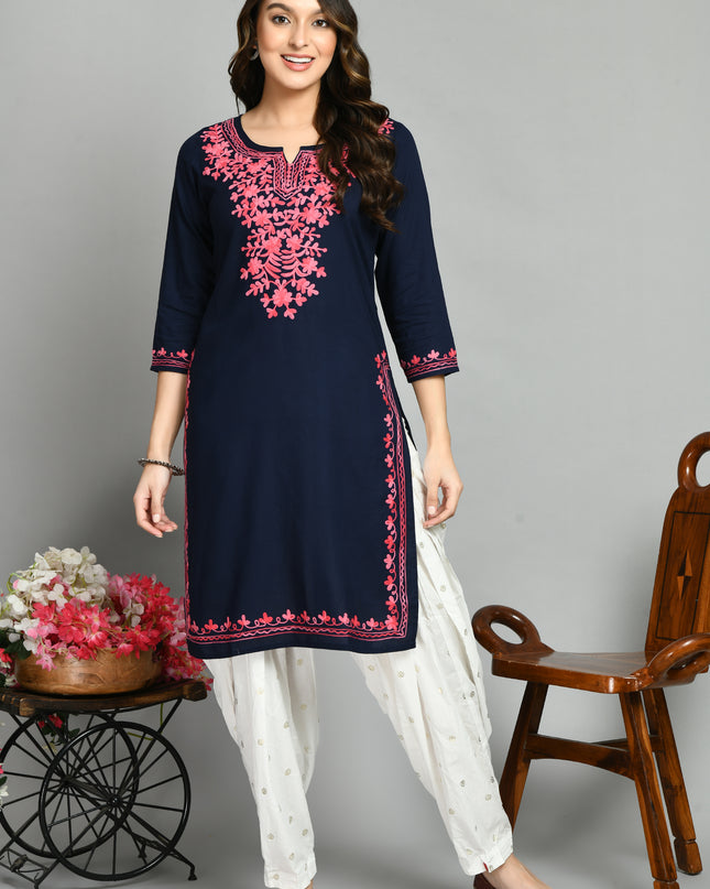 Blue Pink Aari Long Kurti For Women