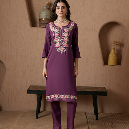 Qazmi Women's Mysa Kashmiri Aari Work Dark Wine Kurta Set