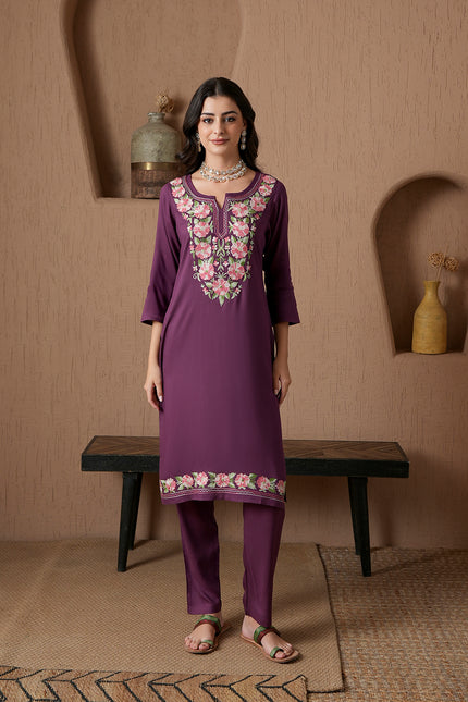 Qazmi Women's Mysa Kashmiri Aari Work Dark Wine Kurta Set