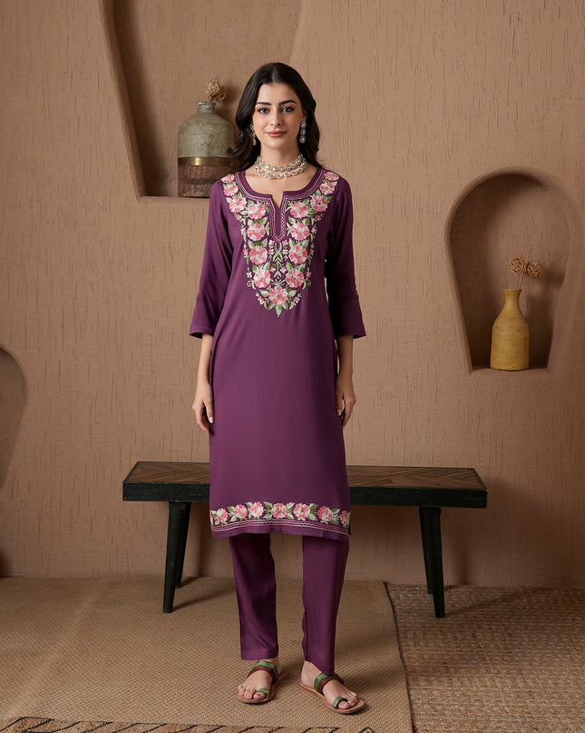 Qazmi Women's Mysa Kashmiri Aari Work Dark Wine Kurta Set
