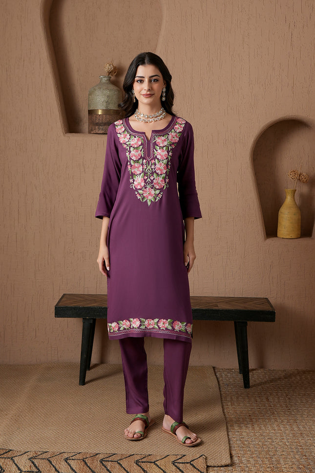 Qazmi Women's Mysa Kashmiri Aari Work Dark Wine Kurta Set
