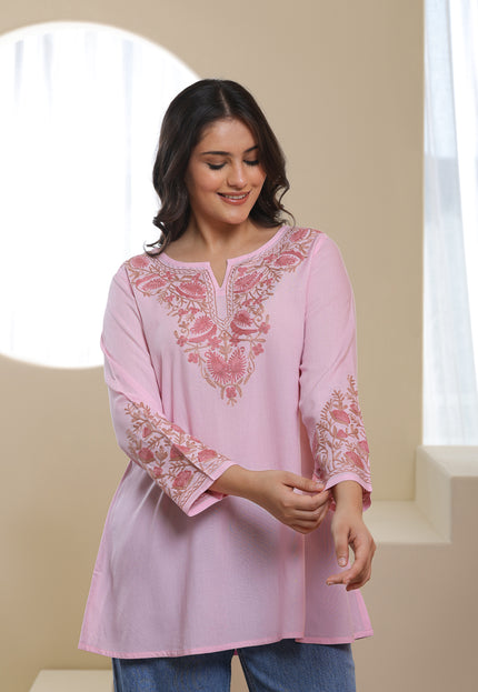 Qazmi Women Aari Embroidered Viscose Rayon A-Line Short Kurti with Full Sleeves