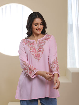 Qazmi Women Aari Embroidered Viscose Rayon A-Line Short Kurti with Full Sleeves