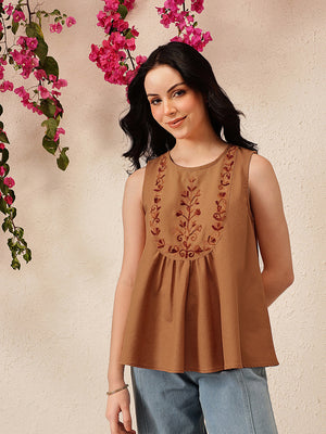 Qazmi Women's Aari Work Sleeveless Peplum Cotton Kurti
