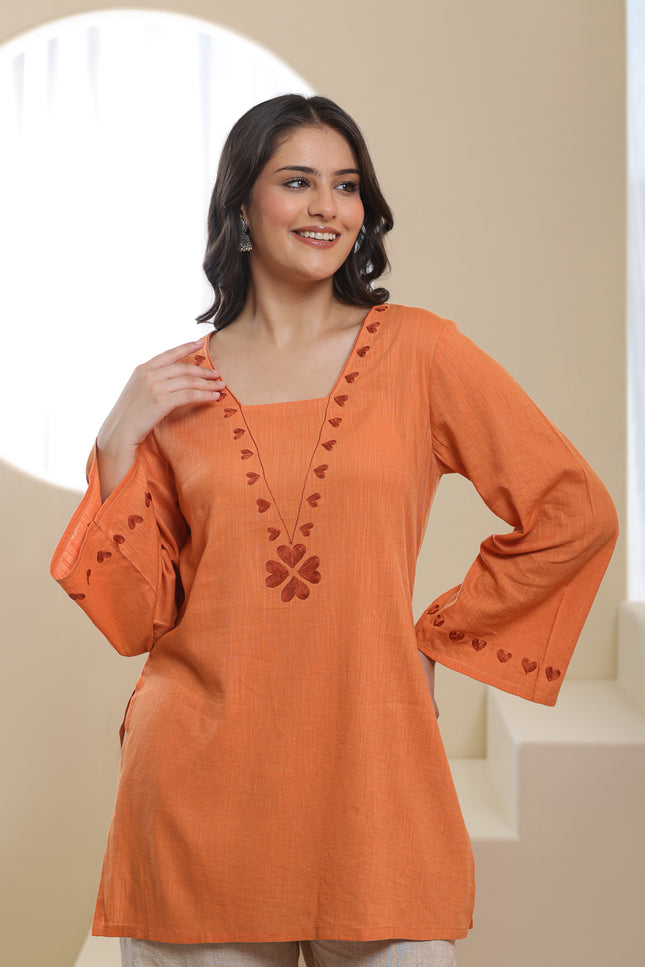 Qazmi Women Pure Cotton Square-Neck Aari  Embroidered Short Kurti