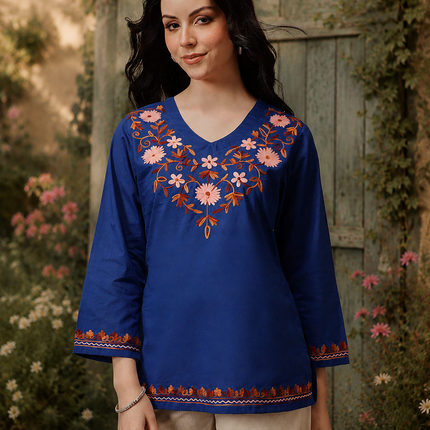 Qazmi Women's Nafisa Kashmiri Aari Work V-Neck Blue Kurti