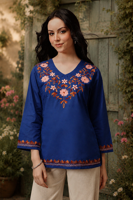 Qazmi Women's Nafisa Kashmiri Aari Work V-Neck Blue Kurti