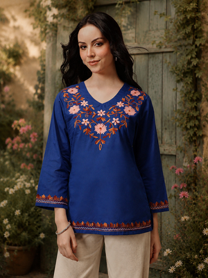 Qazmi Women's Nafisa Kashmiri Aari Work V-Neck Blue Kurti