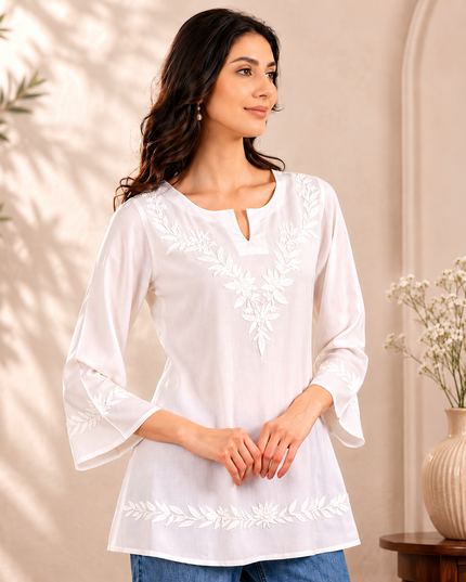 Qazmi Women Kashmiri Aari Embroidered Viscose Rayon A-Line Short Kurti with Bell Sleeves