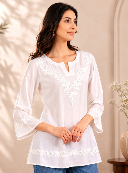 Qazmi Women Kashmiri Aari Embroidered Viscose Rayon A-Line Short Kurti with Bell Sleeves