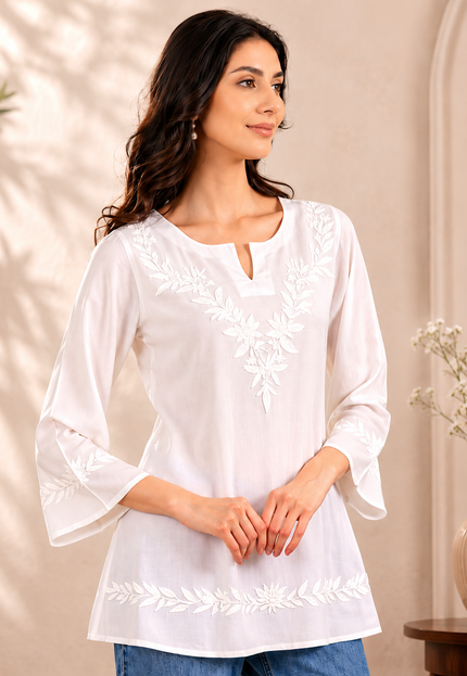 Qazmi Women Kashmiri Aari Embroidered Viscose Rayon A-Line Short Kurti with Bell Sleeves