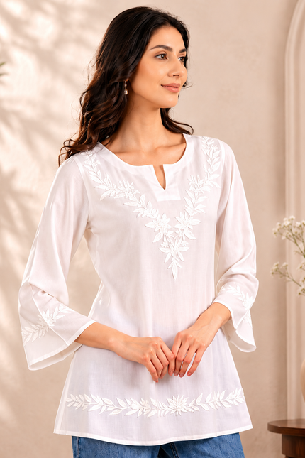 Qazmi Women Kashmiri Aari Embroidered Viscose Rayon A-Line Short Kurti with Bell Sleeves