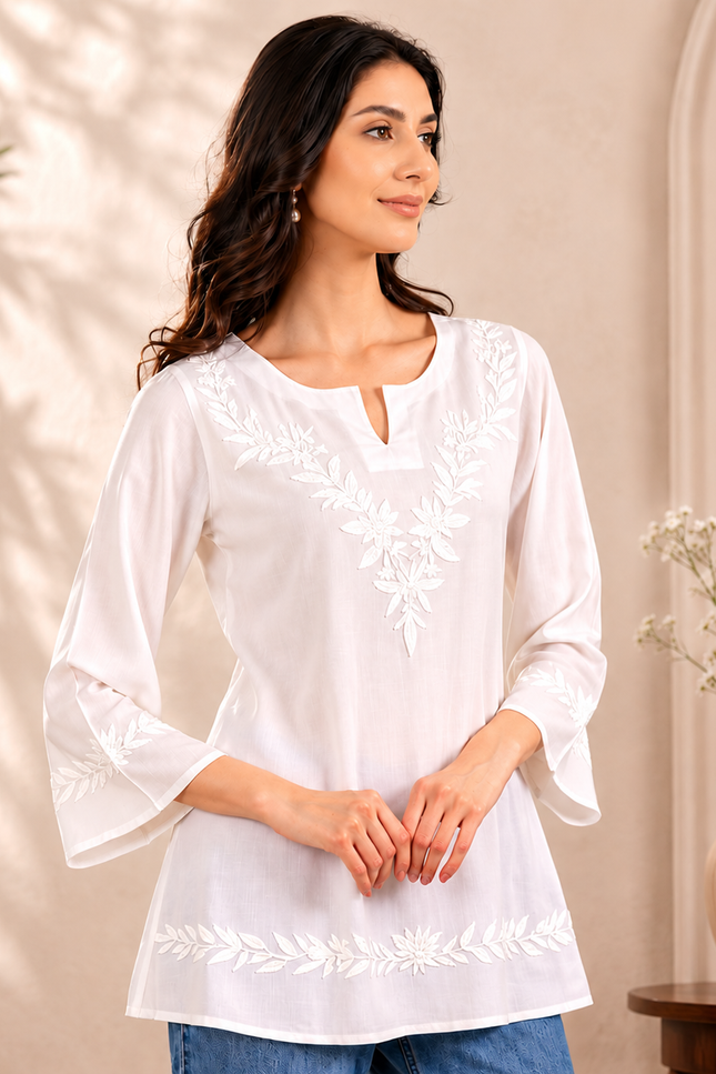 Qazmi Women Kashmiri Aari Embroidered Viscose Rayon A-Line Short Kurti with Bell Sleeves