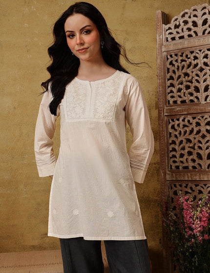 Qazmi Women's Pure Cotton Kashmiri Aari Work White Kurti