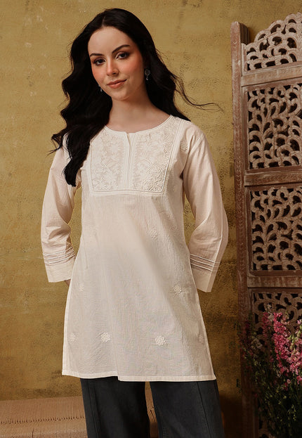 Qazmi Women's Pure Cotton Kashmiri Aari Work White Kurti