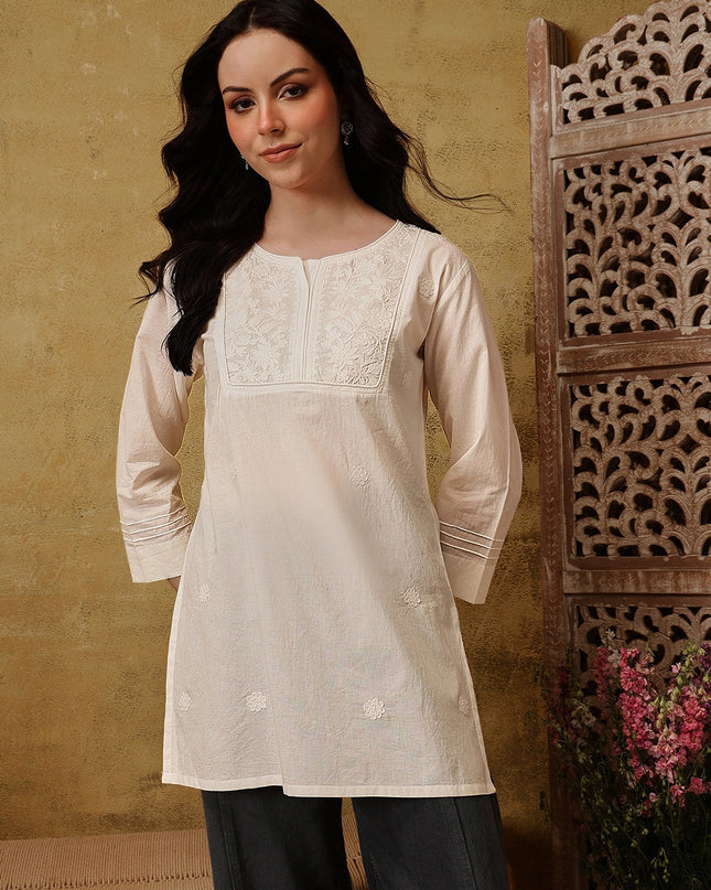 Qazmi Women's Pure Cotton Kashmiri Aari Work White Kurti