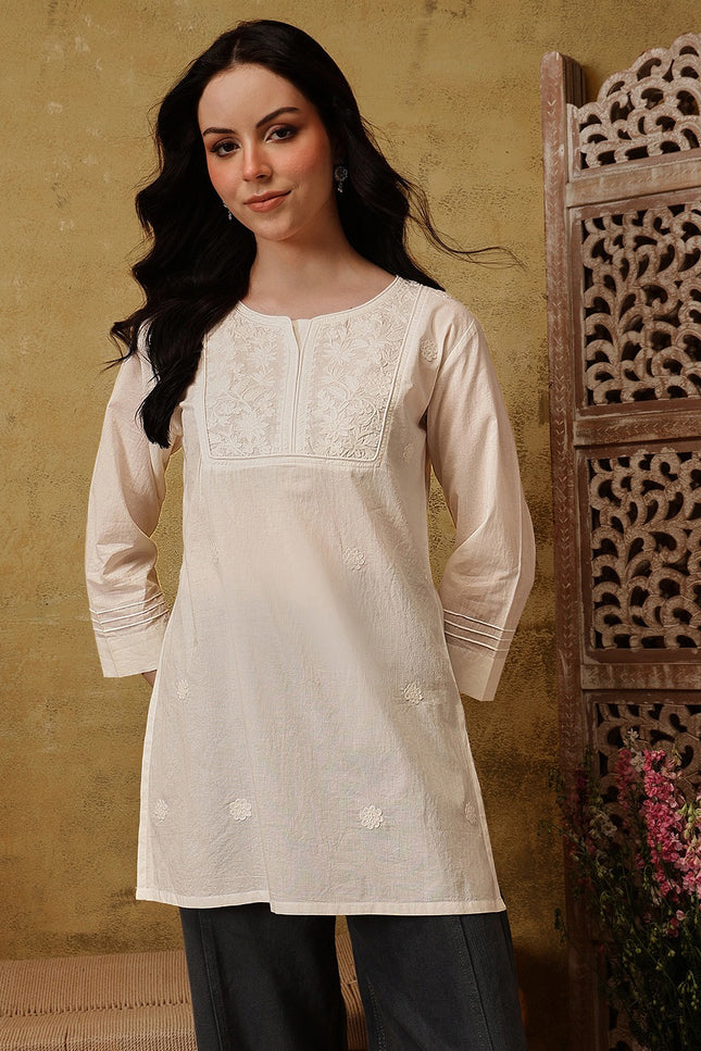 Qazmi Women's Pure Cotton Kashmiri Aari Work White Kurti