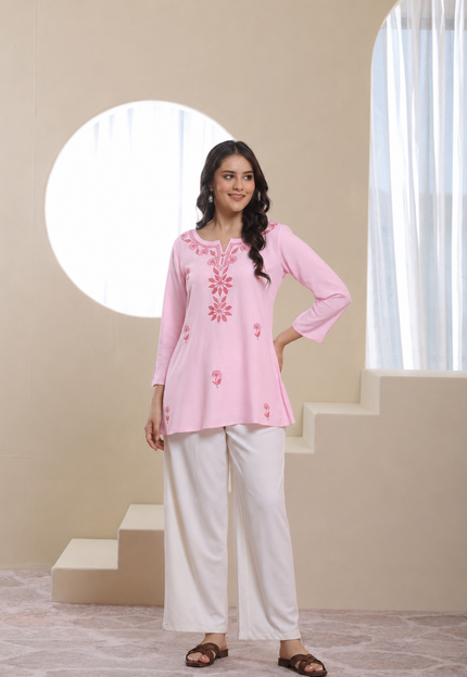 Qazmi Women's Kashmiri Aari Embroidered Viscose Rayon A-Line Flared Kurti