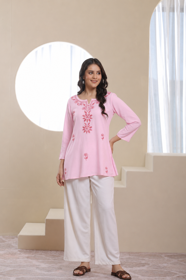 Qazmi Women's Kashmiri Aari Embroidered Viscose Rayon A-Line Flared Kurti