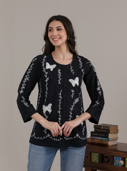 Qazmi Women Aari Embroidered Pure Cotton Buttoned Top