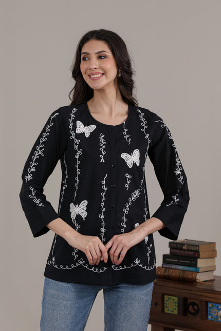 Qazmi Women Aari Embroidered Pure Cotton Buttoned Top