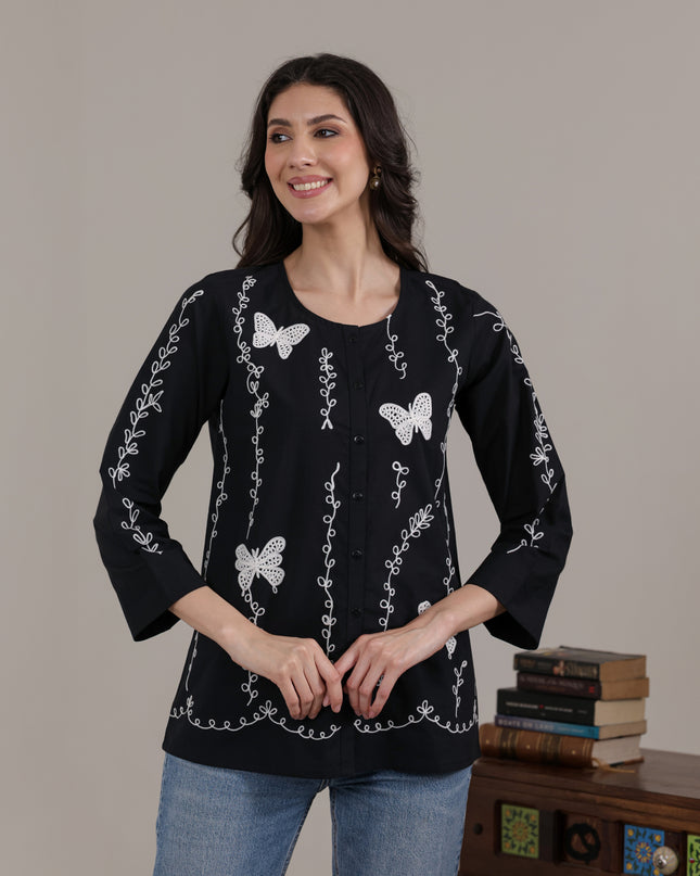 Qazmi Women Aari Embroidered Pure Cotton Buttoned Top