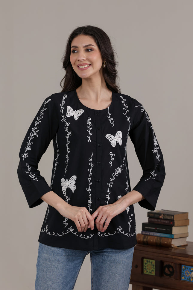 Qazmi Women Aari Embroidered Pure Cotton Buttoned Top