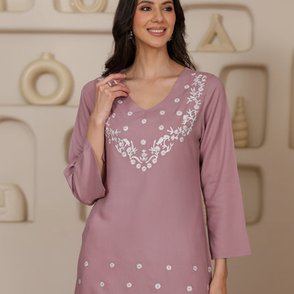 Qazmi Women's Aari Embroidered Viscose Rayon Full Sleeves Straight Kurti