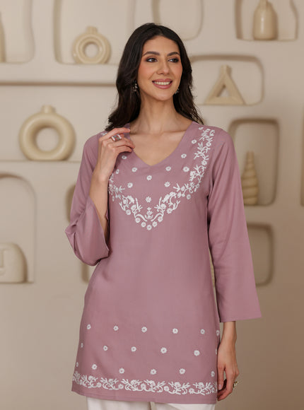 Qazmi Women's Aari Embroidered Viscose Rayon Full Sleeves Straight Kurti