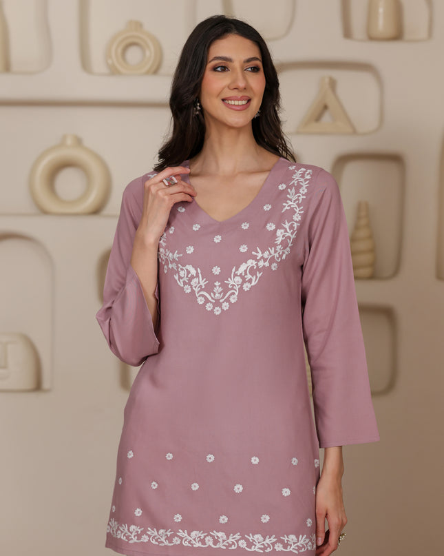 Qazmi Women's Aari Embroidered Viscose Rayon Full Sleeves Straight Kurti