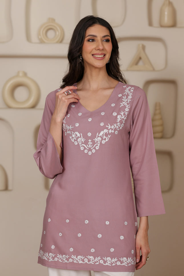 Qazmi Women's Aari Embroidered Viscose Rayon Full Sleeves Straight Kurti