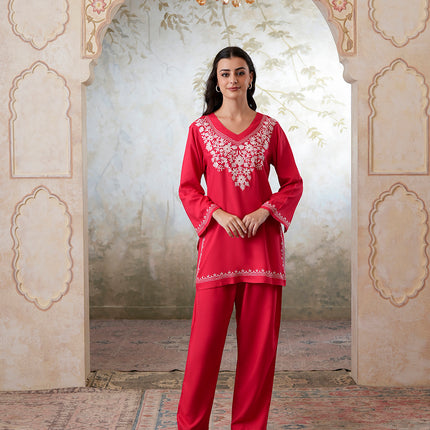 Qazmi Women's Kashmiri Aari Work Navy Blue CoOrd Set