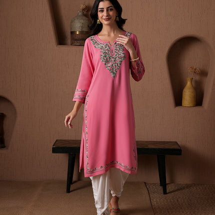 Qazmi Women's Mahsa Kashmiri Aari Work Straight Kurta