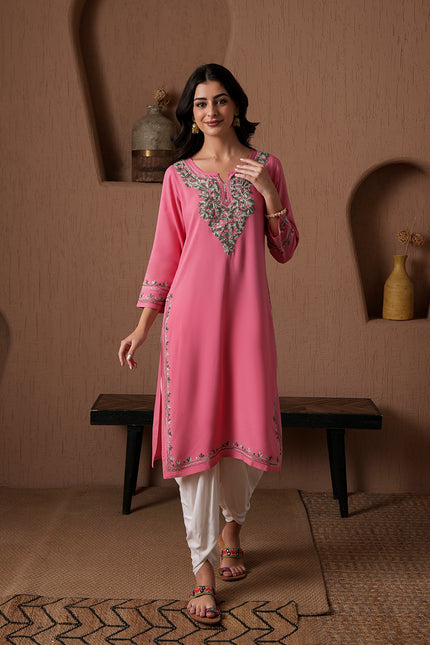 Qazmi Women's Mahsa Kashmiri Aari Work Straight Kurta