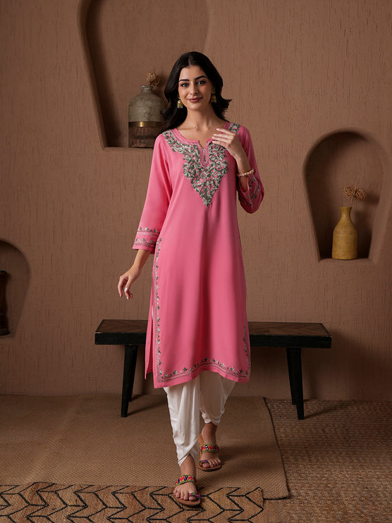 Qazmi Women's Mahsa Kashmiri Aari Work Straight Kurta