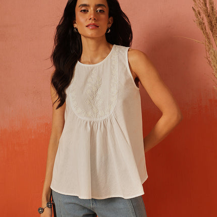Qazmi Women's Aari Work Sleeveless Peplum Cotton Kurti