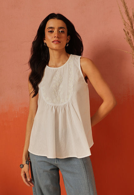 Qazmi Women's Aari Work Sleeveless Peplum Cotton Kurti