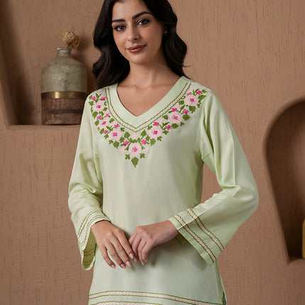 Qazmi Women's Amina Kashmiri Embroidered V-Neck Short Kurti