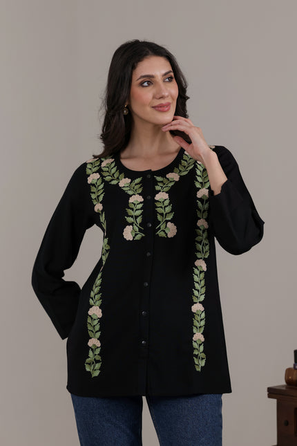 Qazmi Women Aari Embroidered Cotton Linen Buttoned Top