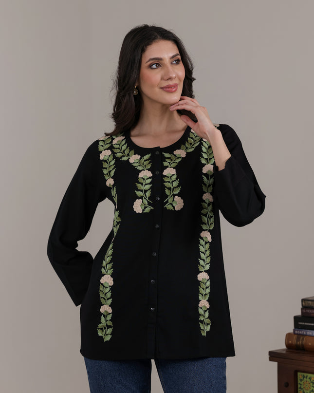 Qazmi Women Aari Embroidered Cotton Linen Buttoned Top