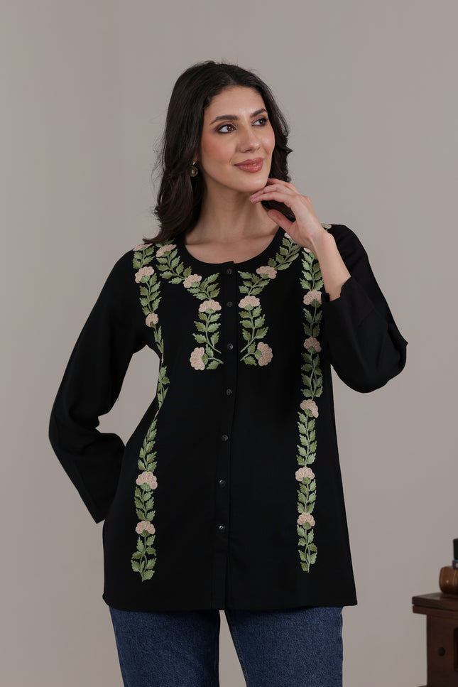 Qazmi Women Aari Embroidered Cotton Linen Buttoned Top