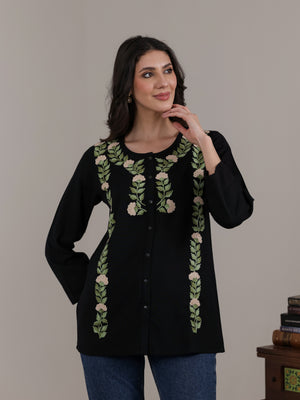 Qazmi Women Aari Embroidered Cotton Linen Buttoned Top