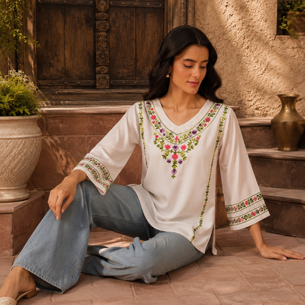 Qazmi Women's Amina Kashmiri Embroidered V-Neck Short Kurti