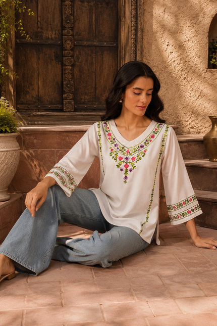 Qazmi Women's Amina Kashmiri Embroidered V-Neck Short Kurti