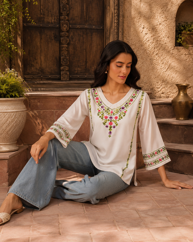 Qazmi Women's Amina Kashmiri Embroidered V-Neck Short Kurti
