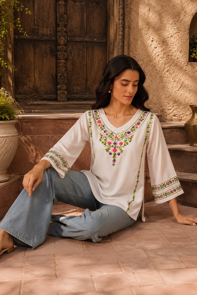 Qazmi Women's Amina Kashmiri Embroidered V-Neck Short Kurti