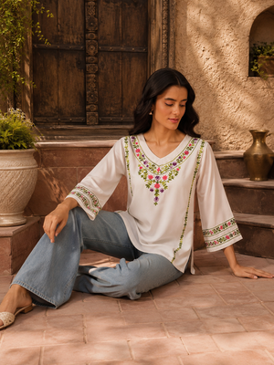 Qazmi Women's Amina Kashmiri Embroidered V-Neck Short Kurti
