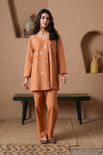 Qazmi Women's Cotton Linen Kashmiri Aari Work CoOrd Set